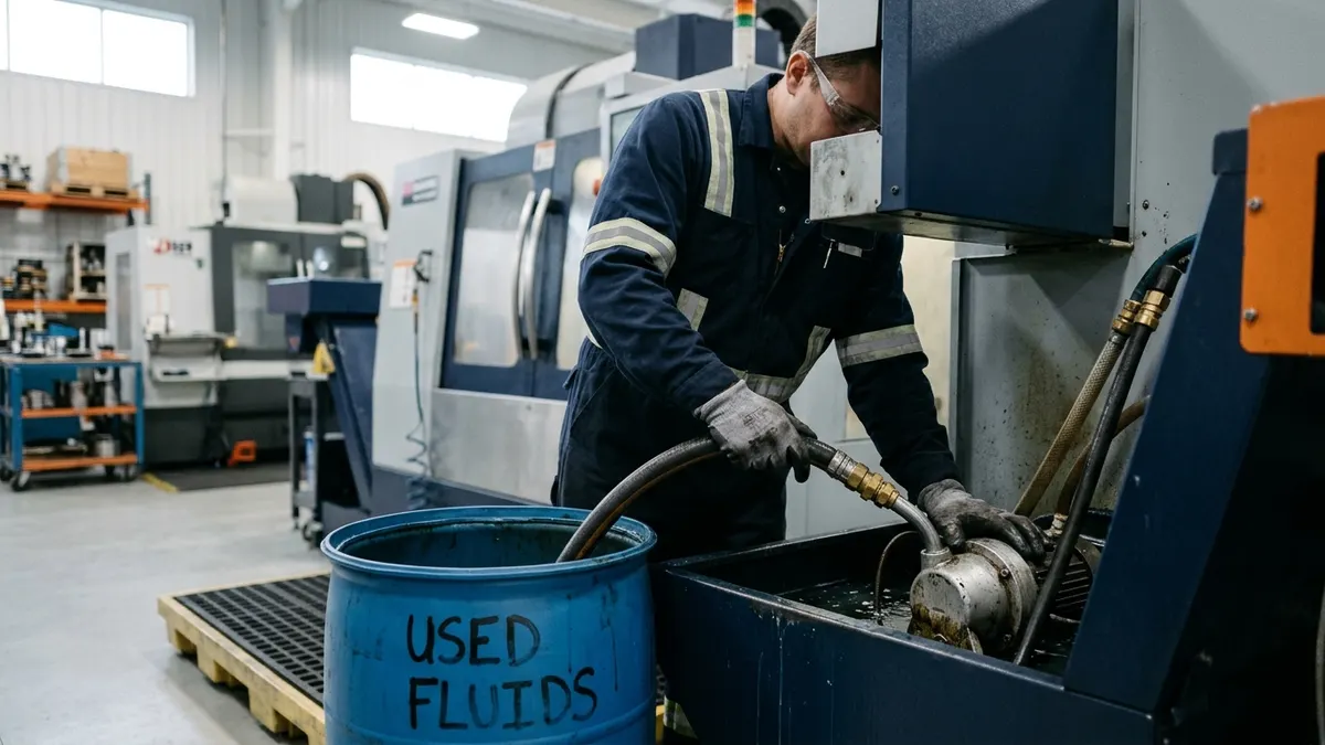 a machinist changing coolant in a CNC machining center with a sump and drum labeled for used fluids beside the machine
