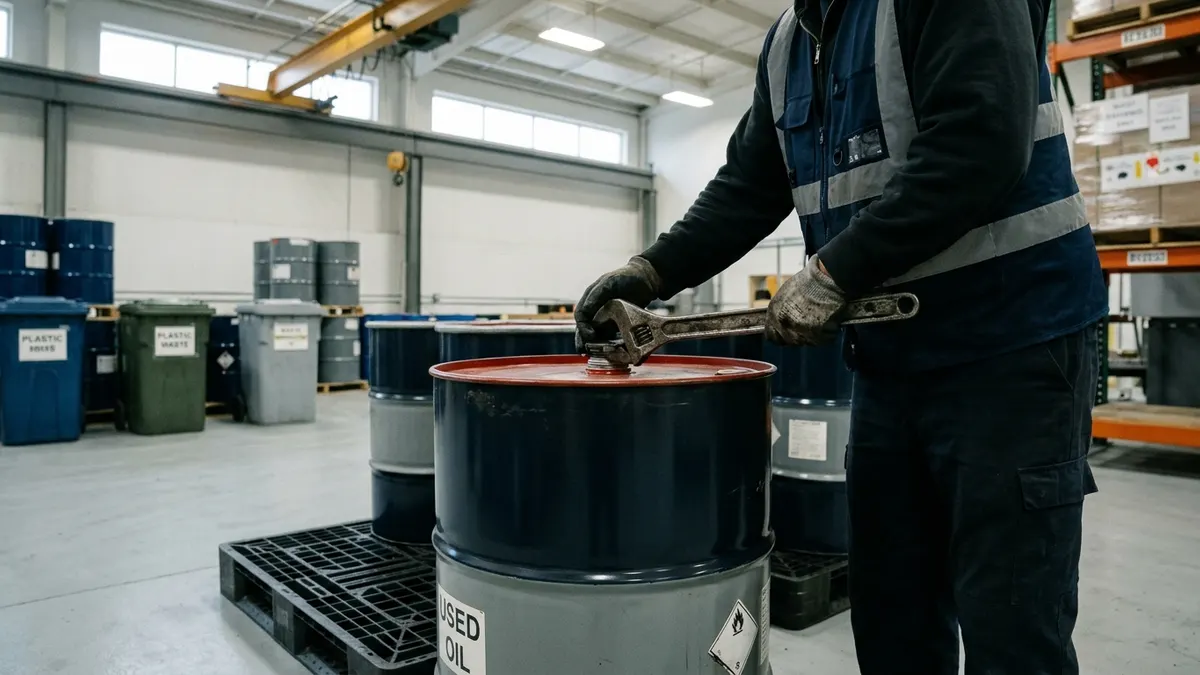 drums of used oil and solvent stored on secondary containment pallets in an industrial plant storage area with labeled waste bins nearby