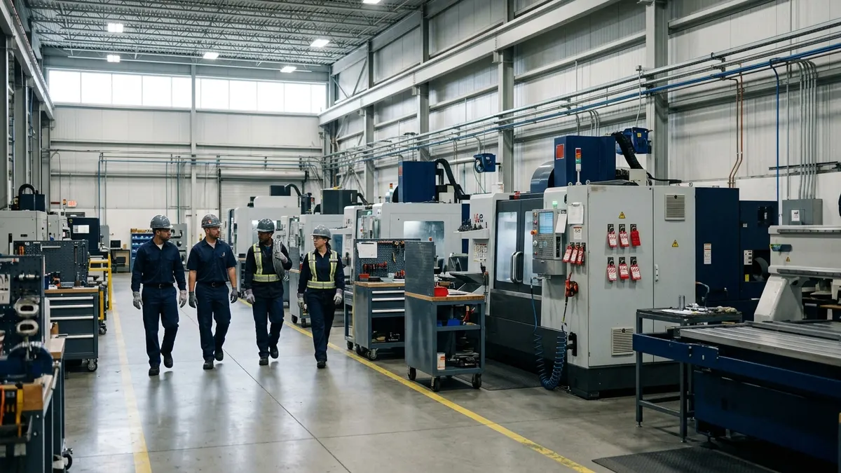 Industrial workers in hard hats and high-visibility vests on a plant floor
