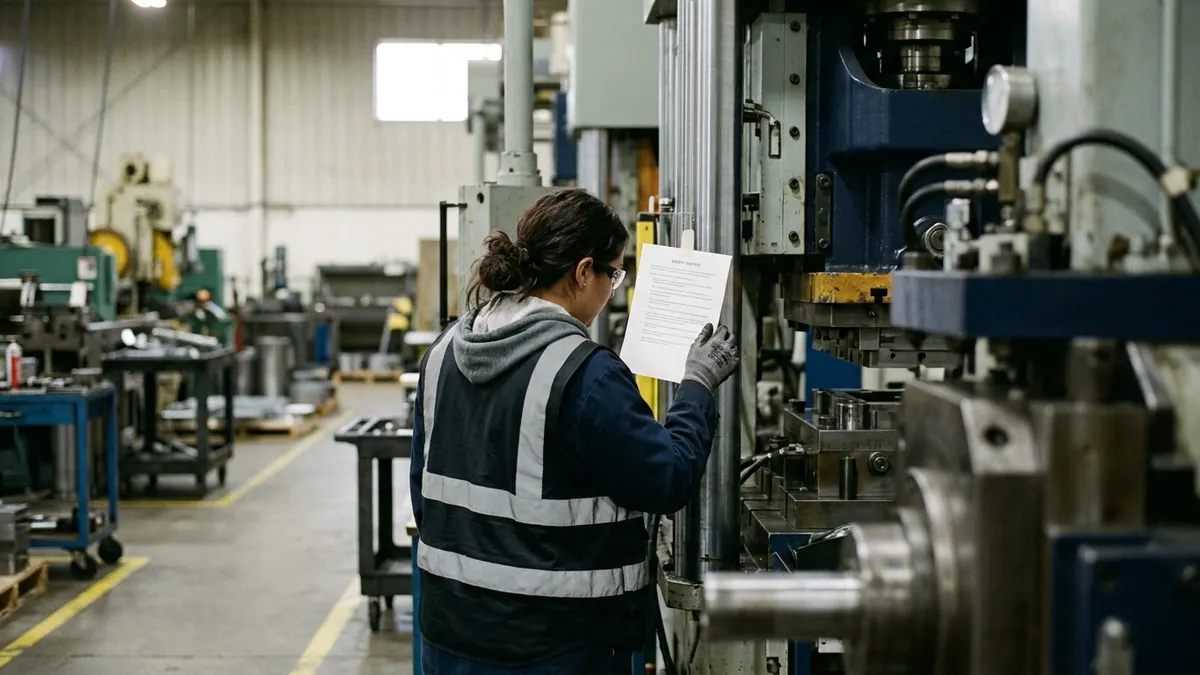 a machine operator reading a posted safety notice beside a stamping press on a plant floor