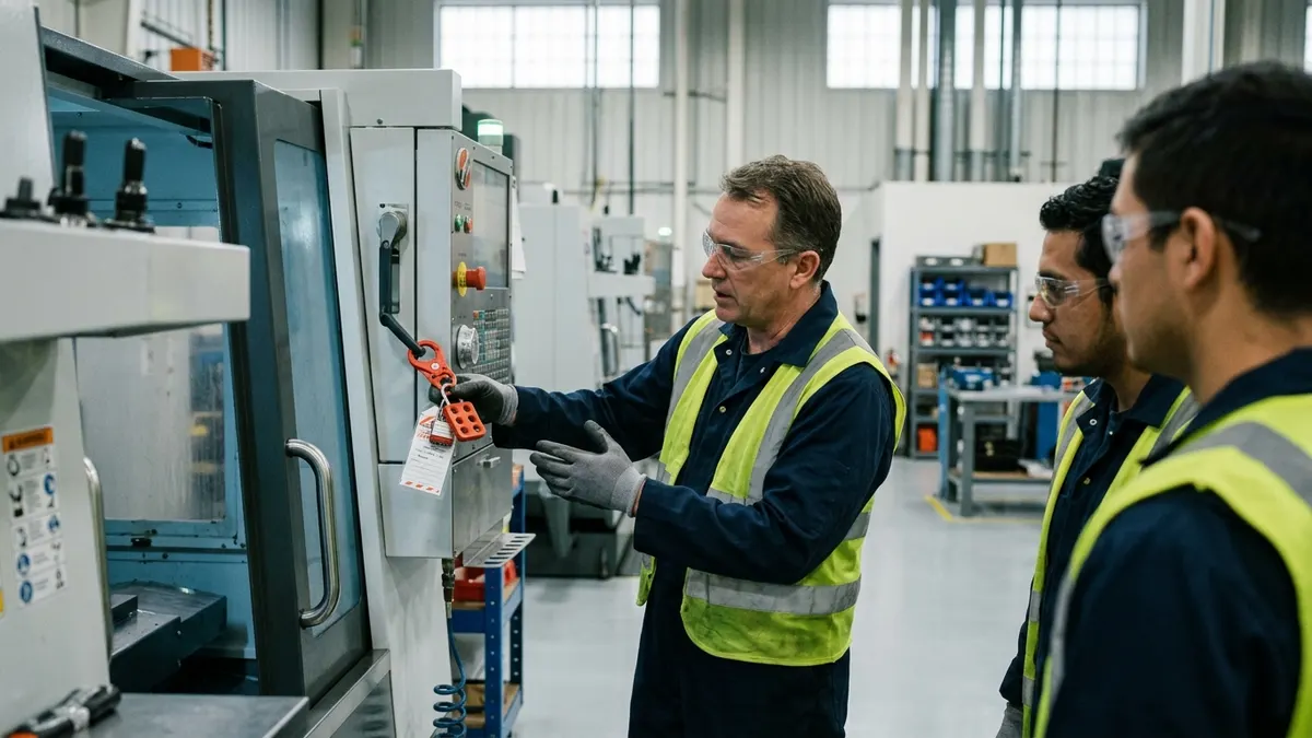 a trainer demonstrating lockout procedure on a CNC machining center to a small group of workers