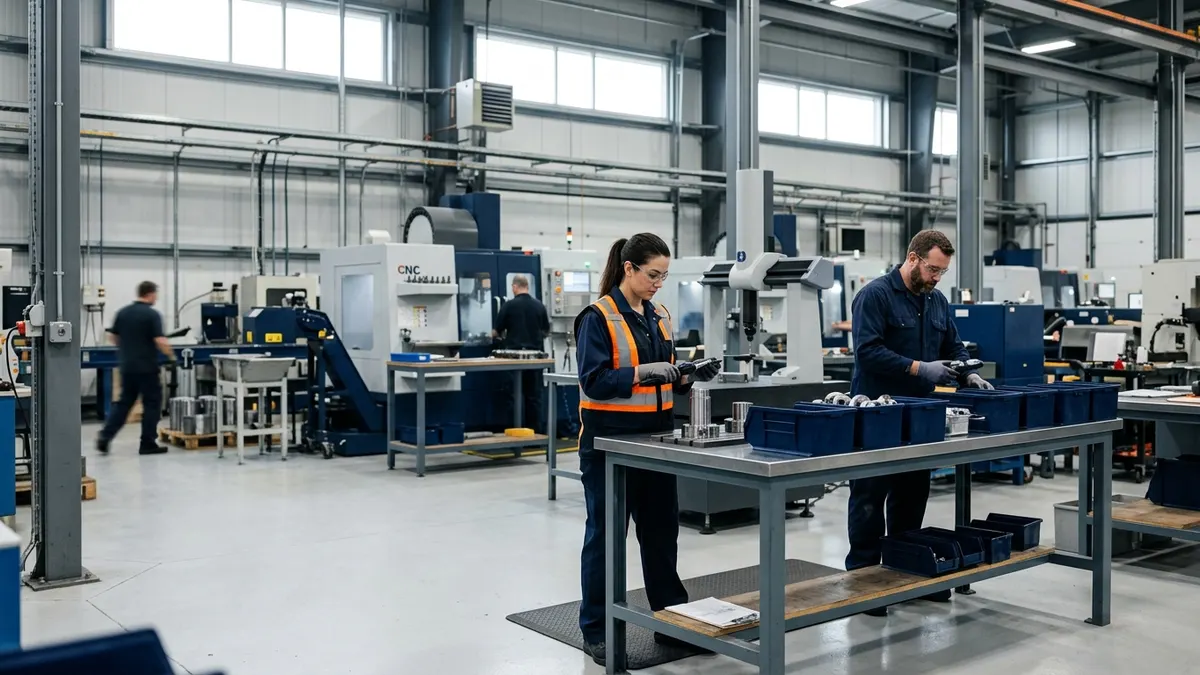 Quality inspectors reviewing parts on a manufacturing floor
