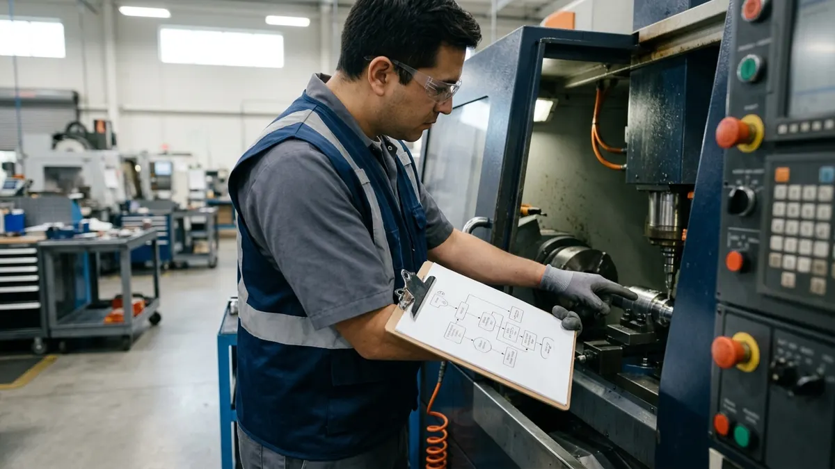 a quality manager comparing a printed process map with a CNC machining cell on a plant floor