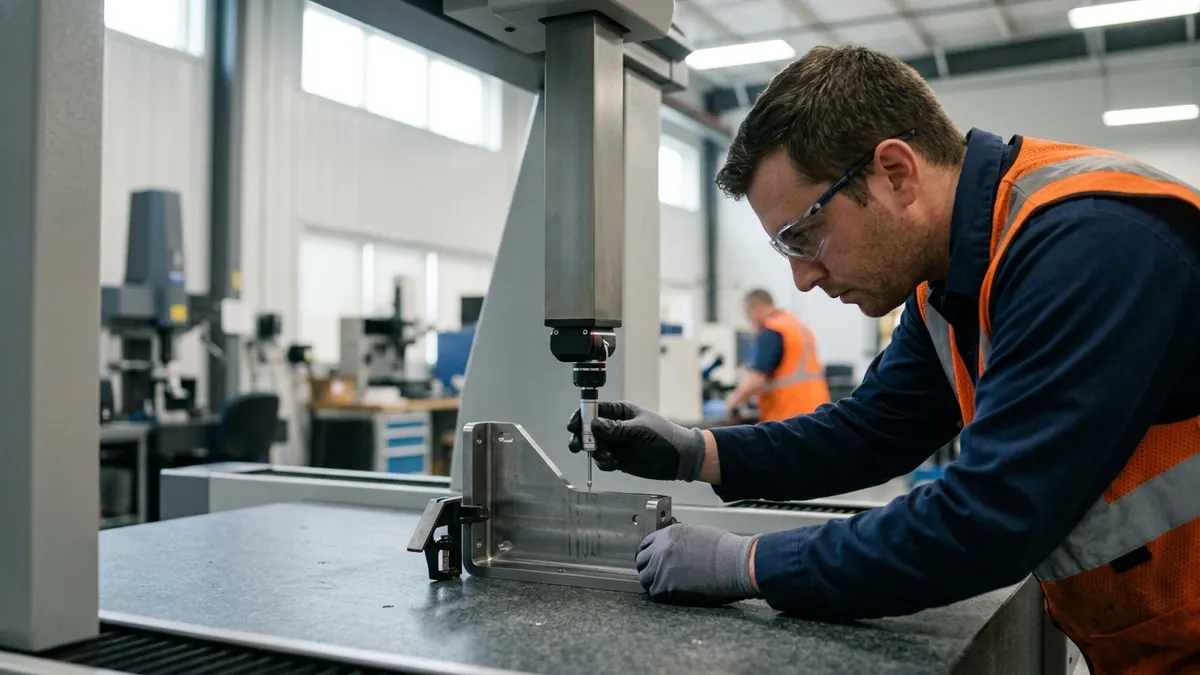 an engineer measuring a prototype bracket with a coordinate measuring machine in a metrology lab