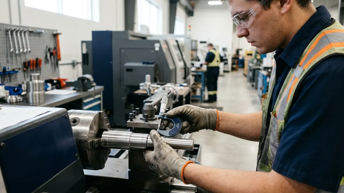 a machinist measuring a turned steel shaft with a micrometer at a CNC lathe in a small machine shop