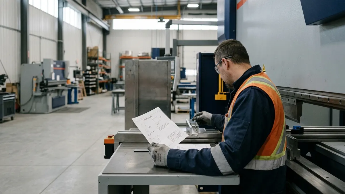 a fabricator reviewing a printed work instruction beside a press brake on a sheet metal shop floor