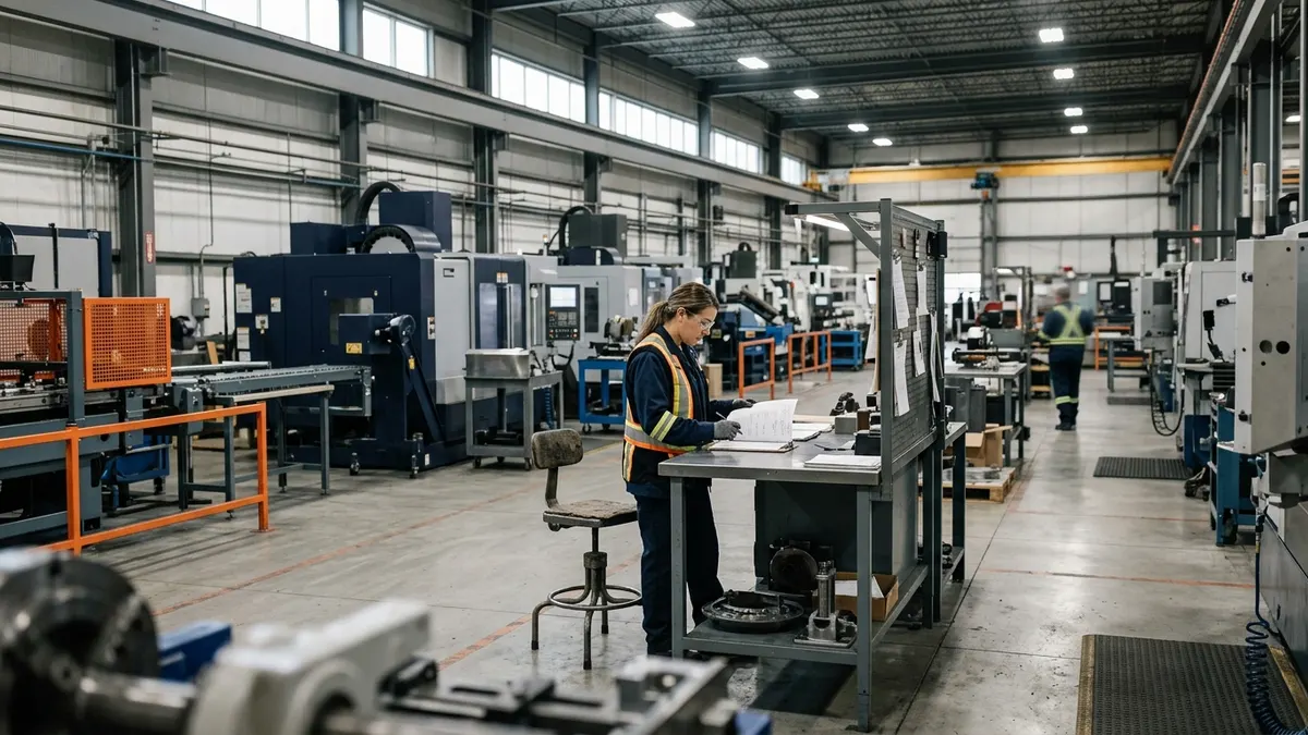 Auditor with a clipboard inspecting equipment on a manufacturing floor
