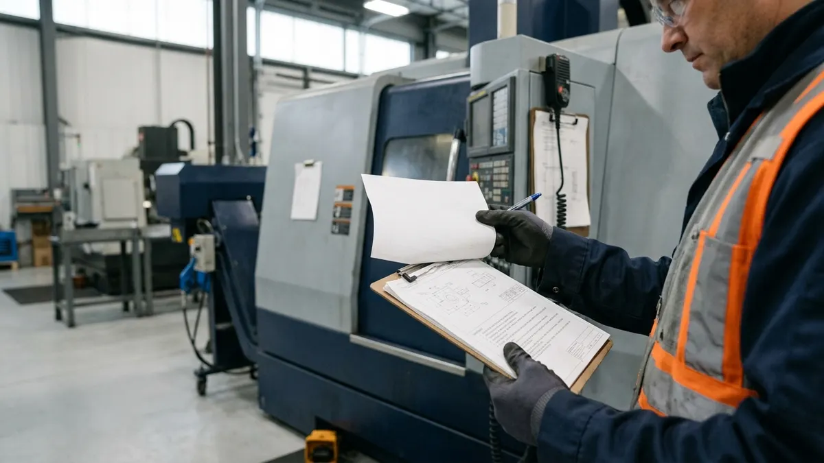 a quality auditor with a clipboard reviewing a work instruction posted beside a CNC machining center on a plant floor