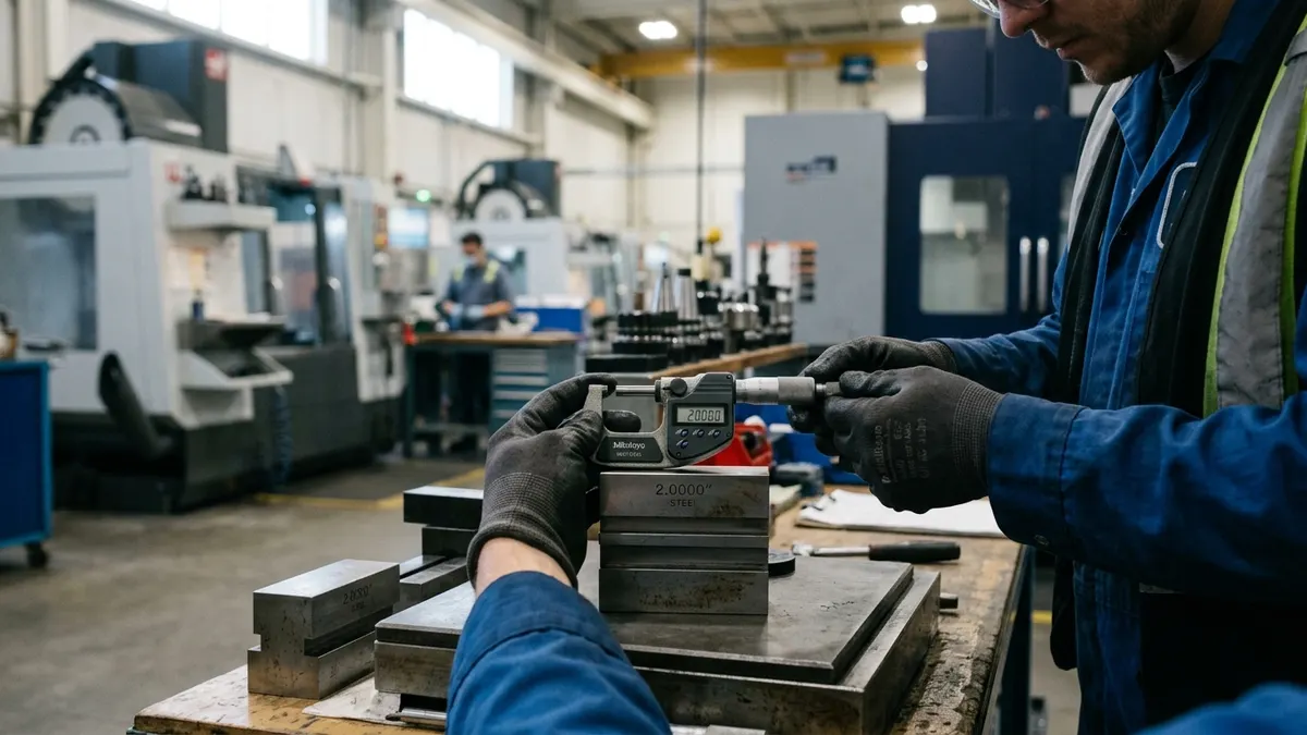 a machinist verifying a micrometer against a gauge block on a calibration bench in a machine shop