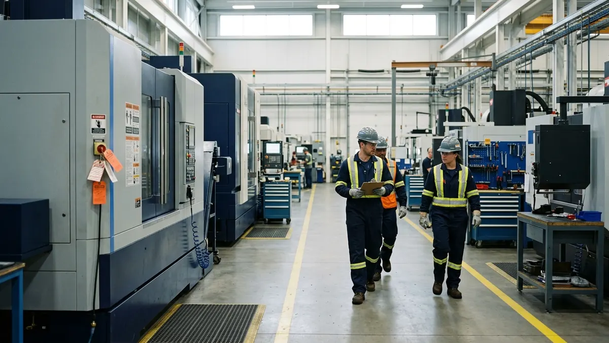 Industrial workers in hard hats and high-visibility vests on a plant floor