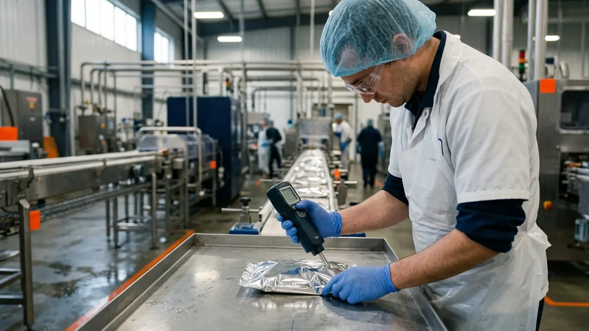 a food processing line worker in hairnet and gloves checking a sealed package at a stainless steel inspection station