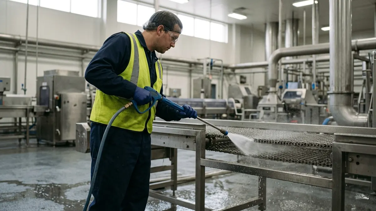 a sanitation crew rinsing a stainless steel conveyor in a food plant washdown area