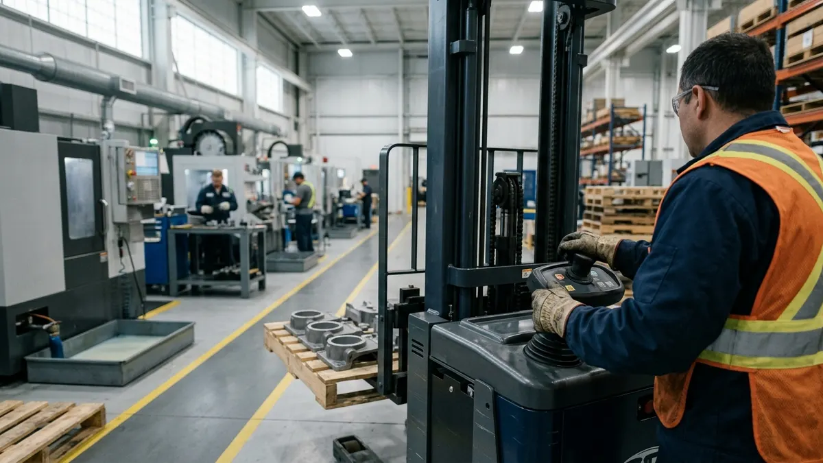 a forklift operator moving pallets of machined castings inside a ventilated manufacturing plant with floor-level coolant containment trays