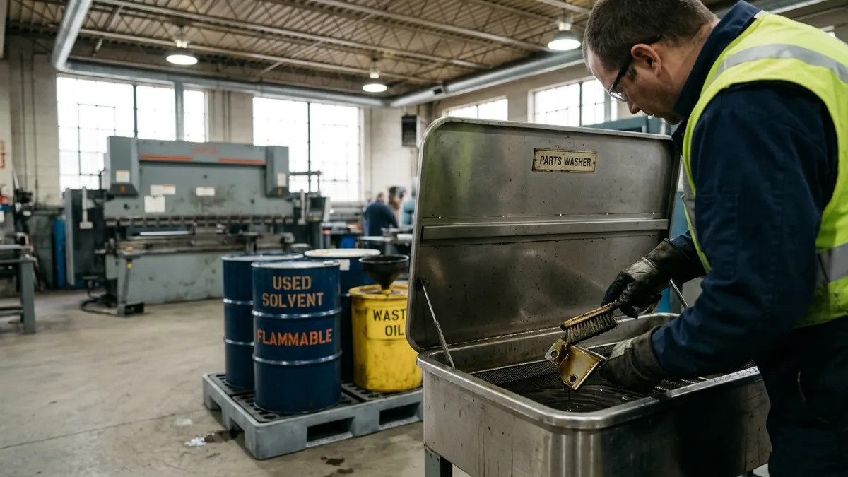 a parts washer and solvent drum storage area in a metal fabrication shop with spill pallets and labeled waste containers
