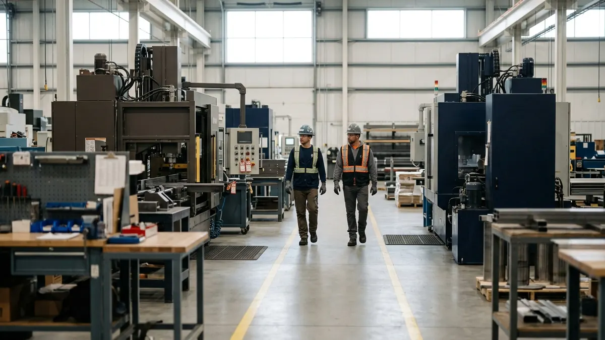 Industrial workers in hard hats and high-visibility vests on a plant floor