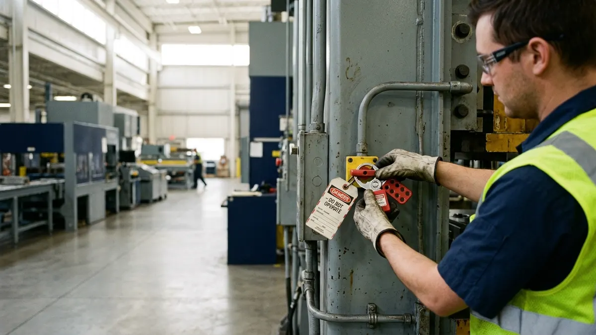 a maintenance technician locking out a hydraulic press on a stamping line before servicing the die