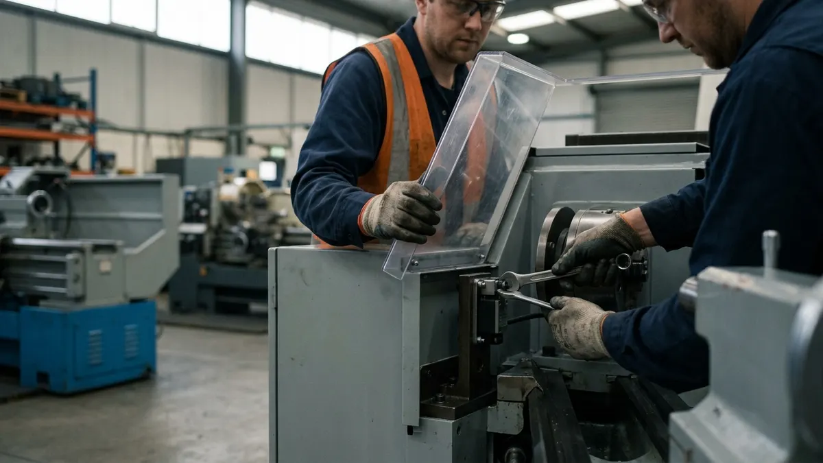 a machine guard with a safety interlock switch being fitted to a CNC lathe in a machine shop