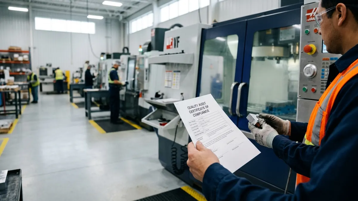 a quality manager holding a printed audit certificate beside a CNC machining cell on a plant floor