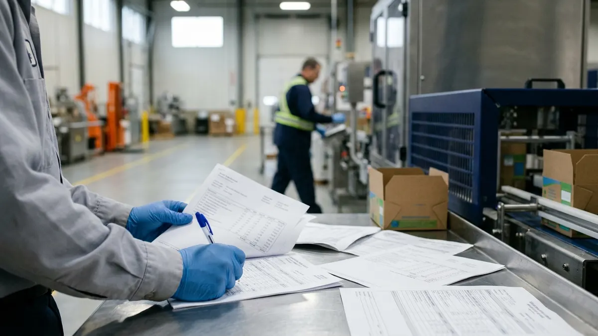 a purchasing lead comparing printed quotes on a workbench beside a packaging line at a food plant
