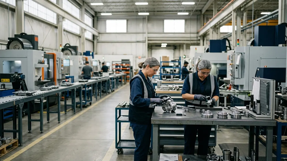 Quality inspectors reviewing parts on a manufacturing floor
