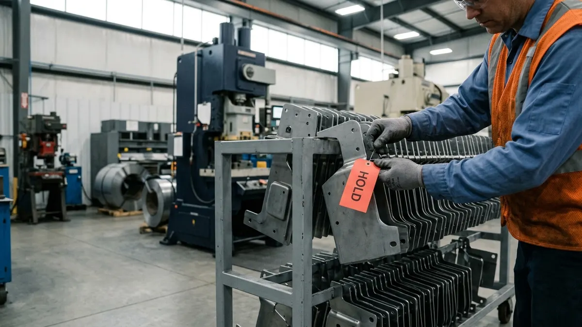 a quality inspector tagging a rack of rejected steel brackets with a red hold label beside a stamping press line