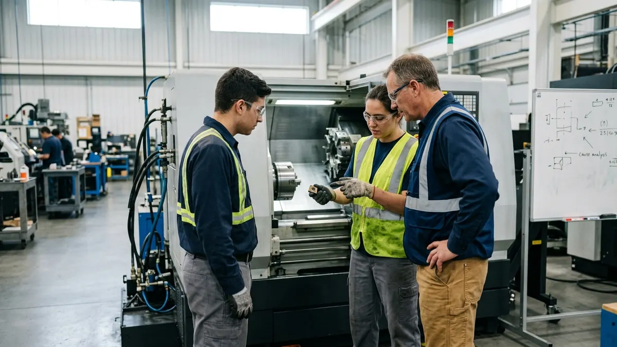 two machinists and a supervisor examining a worn carbide insert on a CNC lathe beside a whiteboard of cause notes