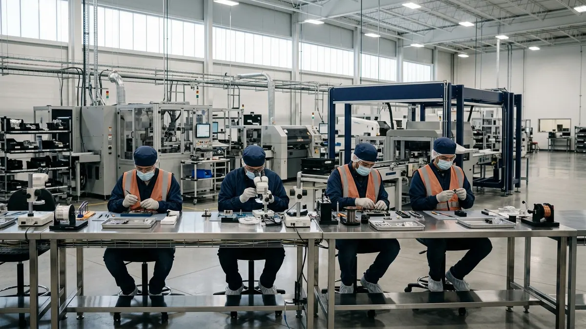 Technicians in cleanroom garments assembling medical devices