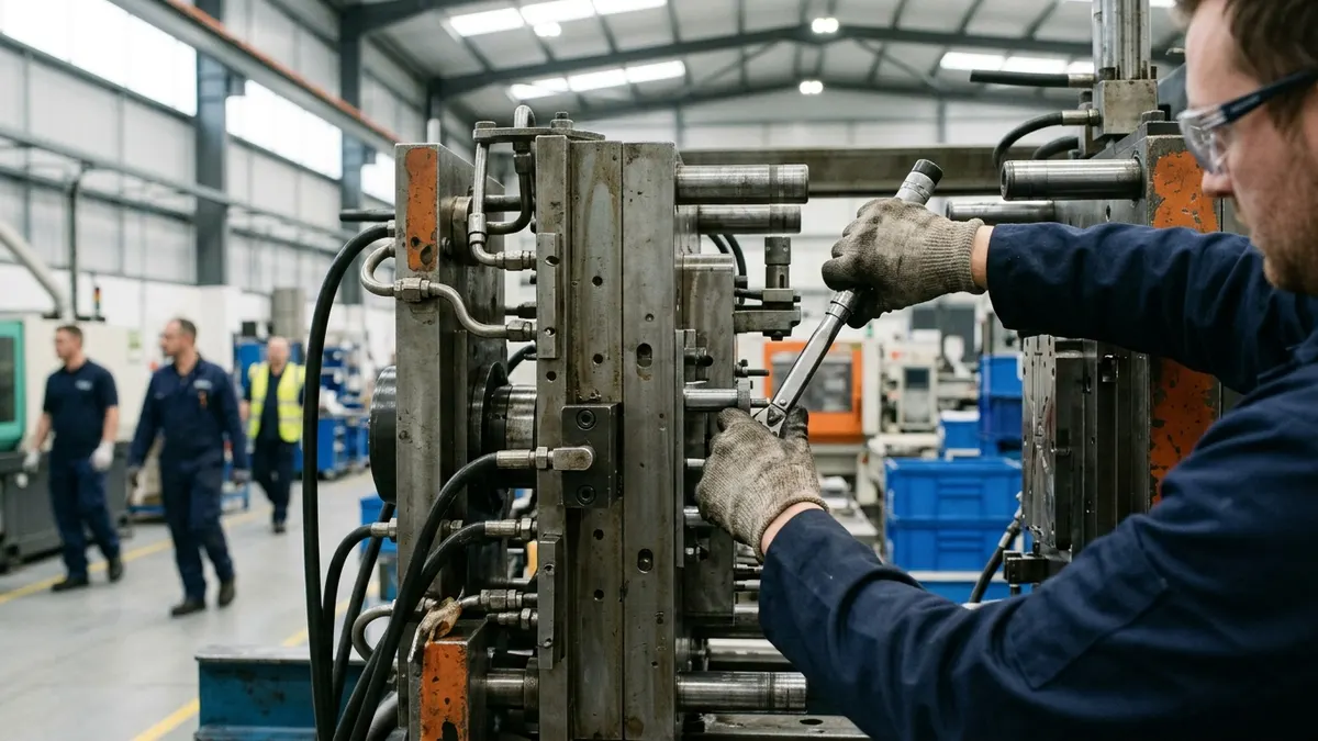 an engineer calibrating a precision injection mold on a medical device molding line