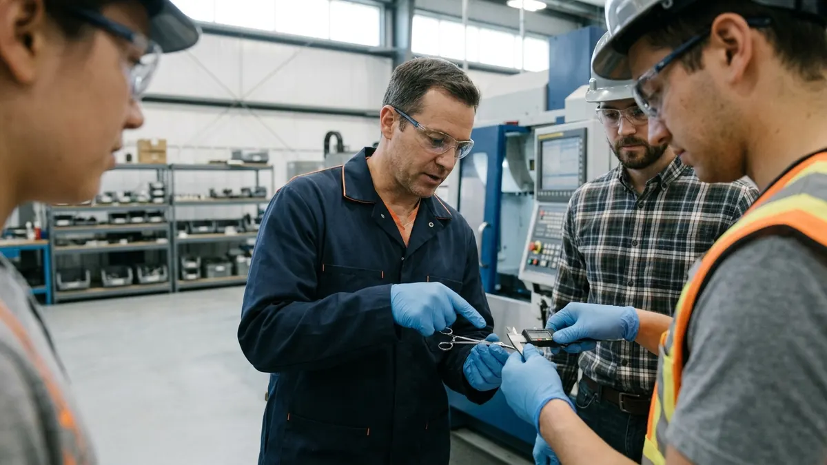 a team of engineers and a production supervisor examining a prototype surgical instrument beside a machining cell