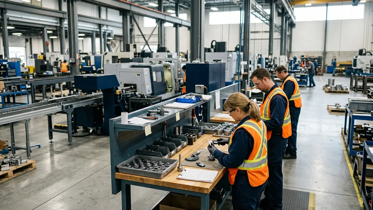 Quality inspectors reviewing parts on a manufacturing floor