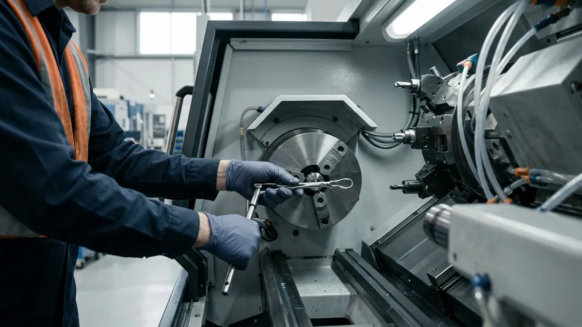 a machinist loading a stainless steel surgical instrument blank into a CNC lathe in a clean machining cell