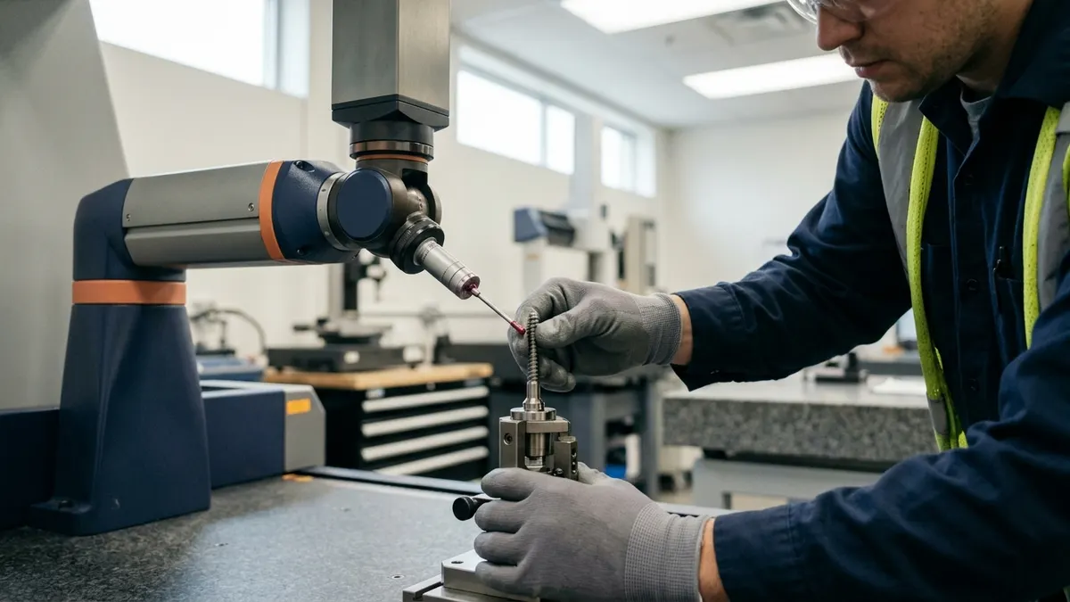 a quality inspector measuring a titanium bone screw with a coordinate measuring machine in a controlled inspection room