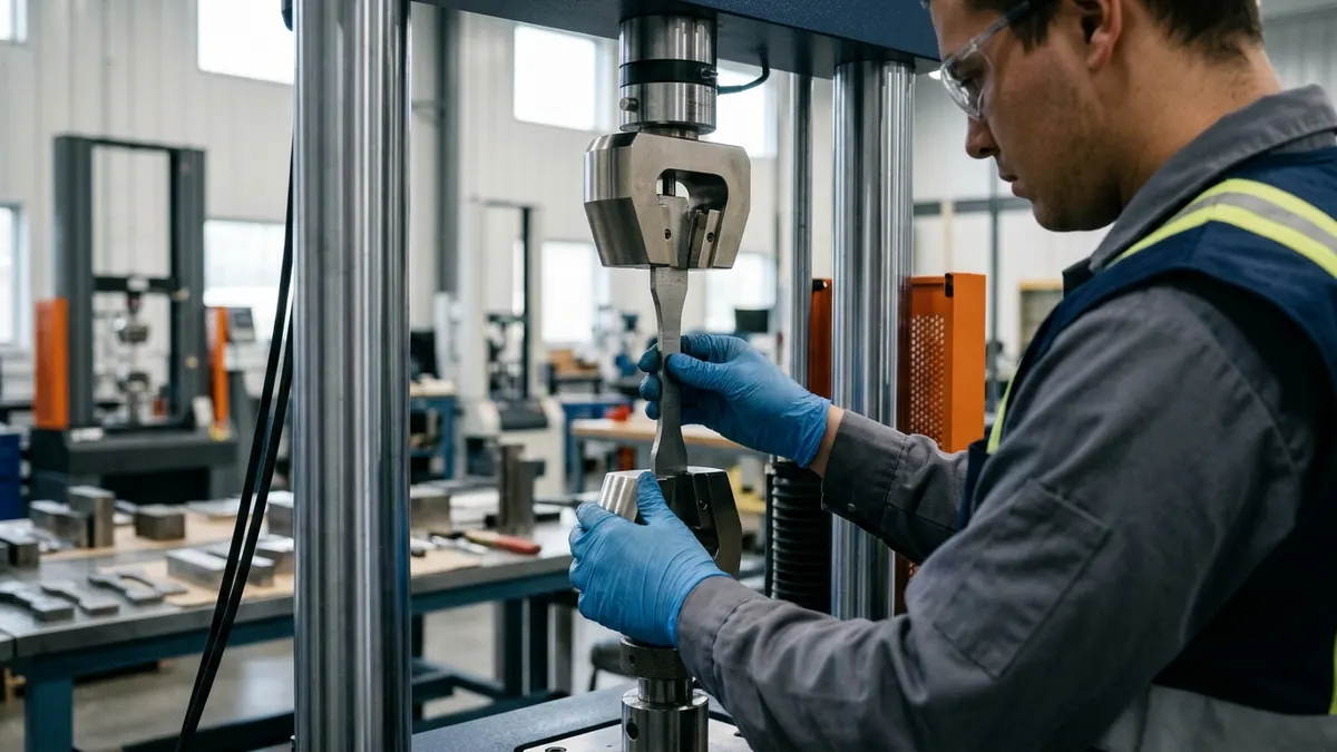 a laboratory technician loading a steel tensile test specimen into a universal testing machine on a plant materials testing bench