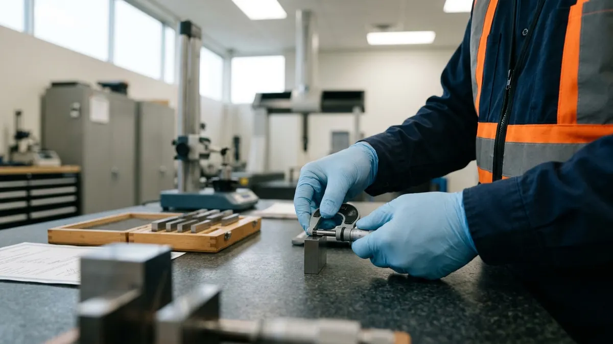 a calibration technician checking a micrometer against a set of gauge blocks on a granite surface plate in a metrology room