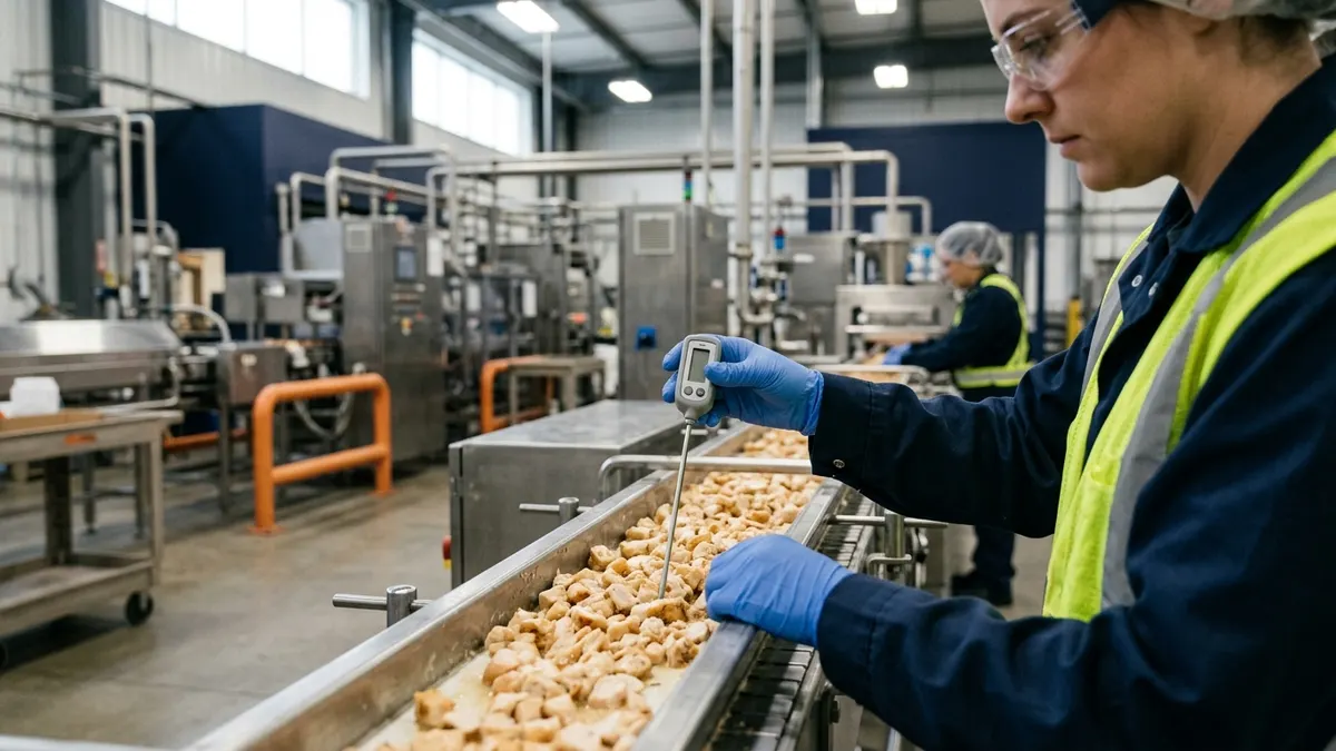 a food technologist checking the temperature of cooked product on a stainless steel processing line in a packaging plant
