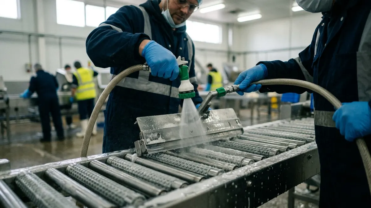 a sanitation crew washing down a conveyor and slicing equipment in a meat processing room at the end of a shift