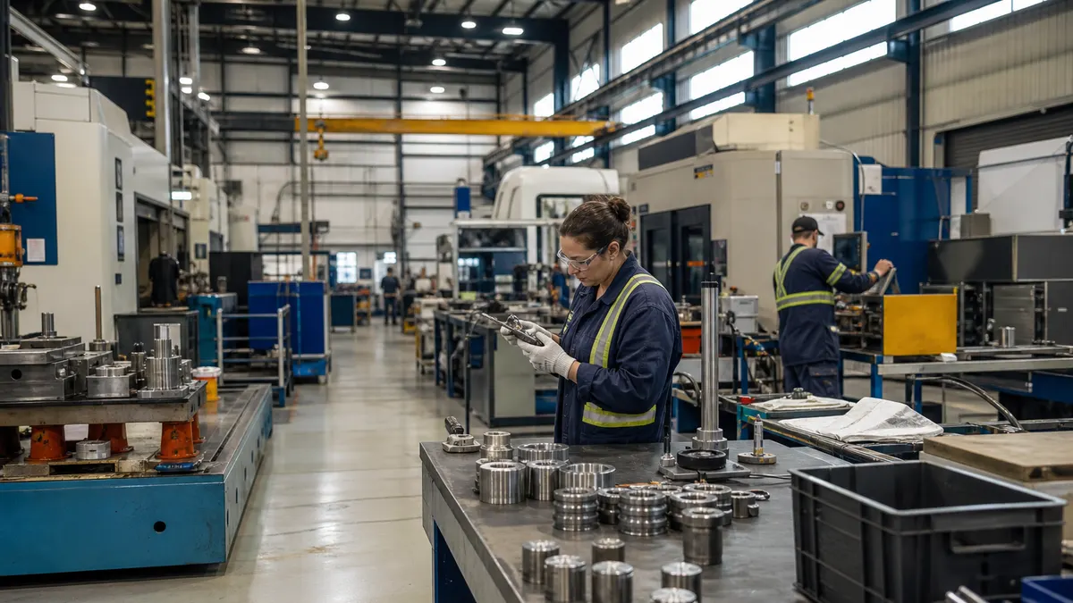 Quality inspectors reviewing parts on a manufacturing floor