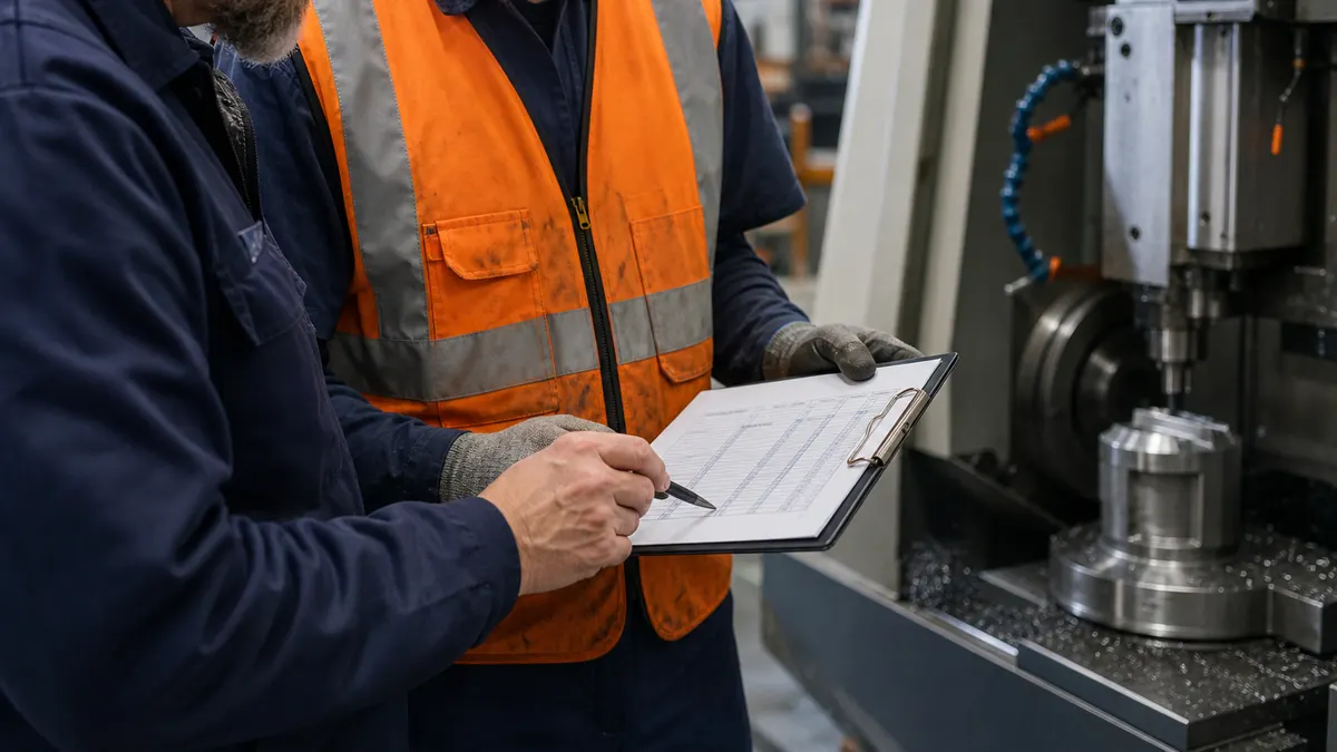 a quality manager and a plant supervisor reviewing a budget worksheet on a clipboard beside a running CNC machine