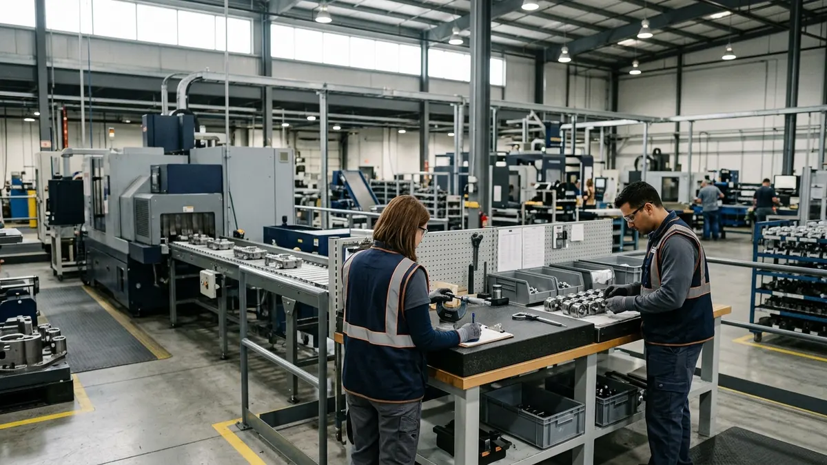 Quality inspectors reviewing parts on a manufacturing floor