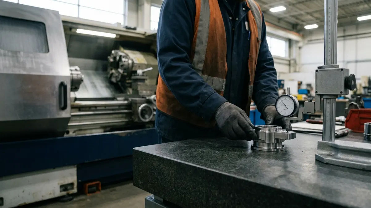a machinist loading a first article onto a granite surface plate beside a CNC lathe, with a height gauge and a dial indicator in use