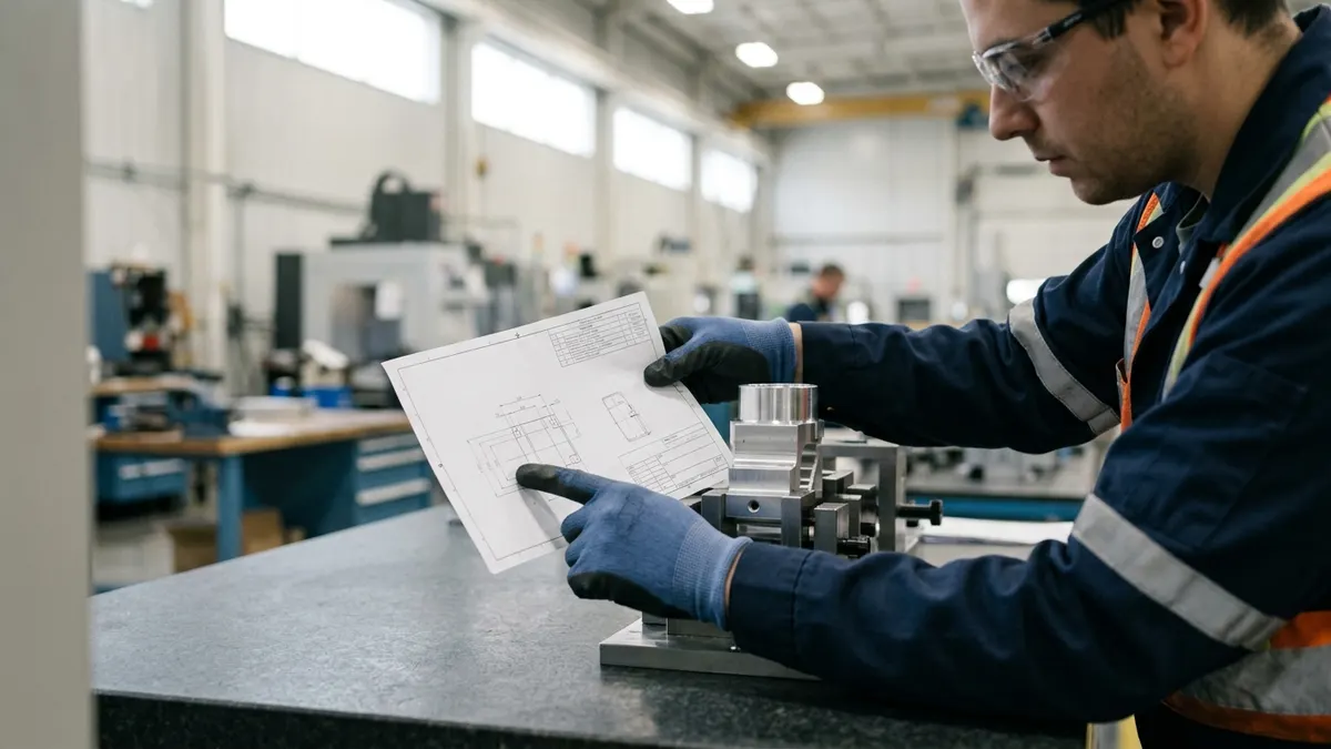 a quality technician comparing a printed customer drawing revision block against a part held in a coordinate measuring machine fixture