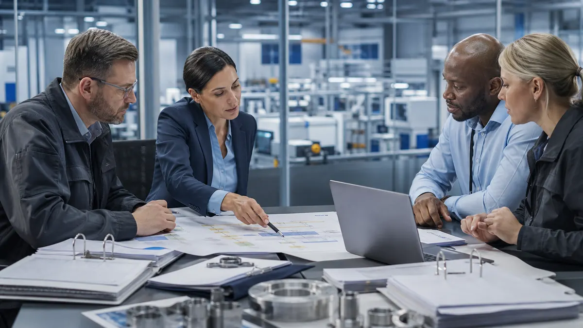 Four people reviewing a process map and binders of records at a table beside a production floor