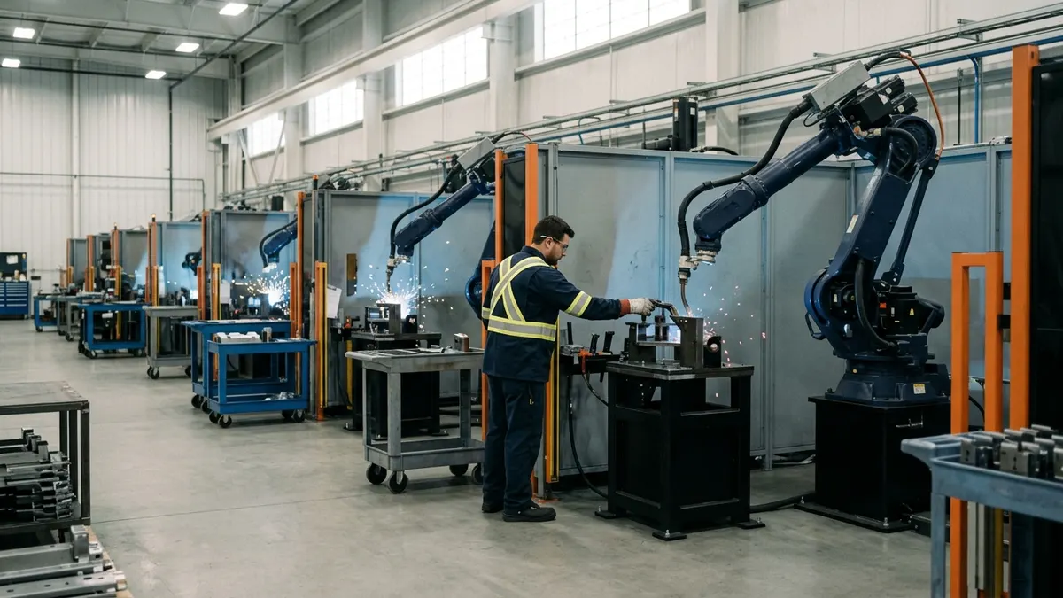 Robotic arms working on an automotive parts production line