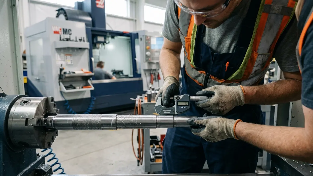 a CNC machinist measuring a freshly turned steel shaft with a micrometer beside a vertical machining center