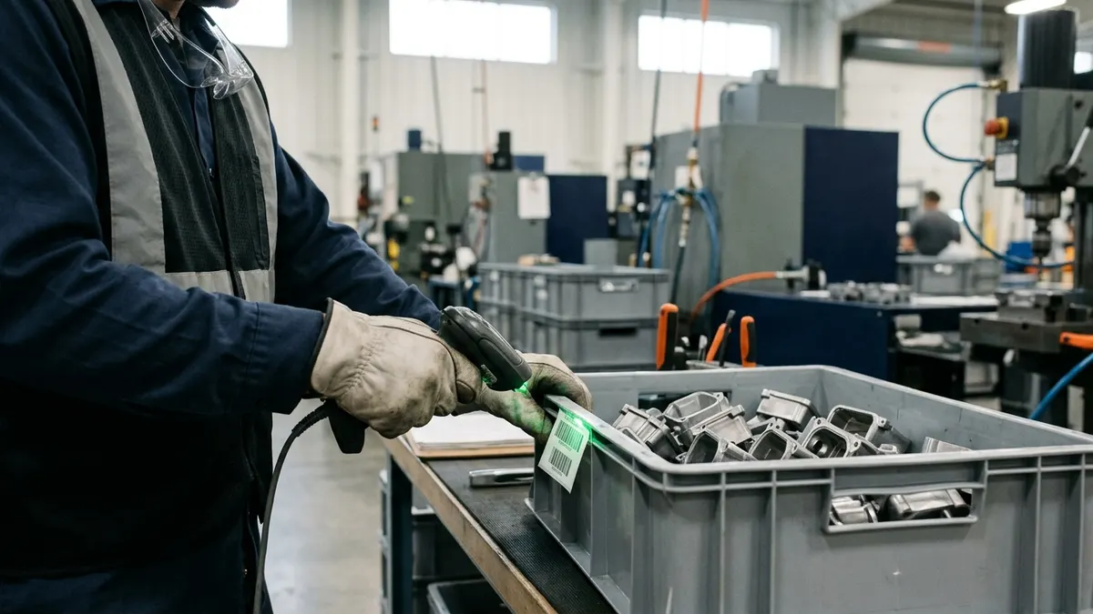 an operator scanning a barcode label on a tote of machined housings at a stamping and machining cell