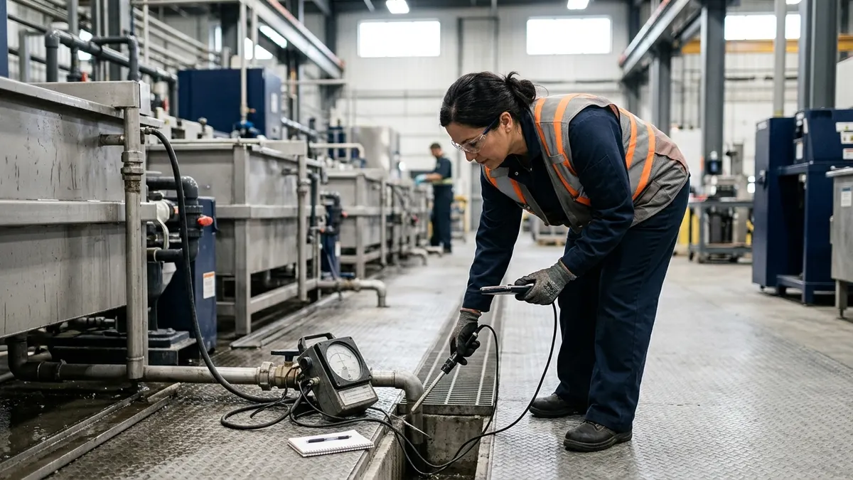a plant technician reading a wastewater discharge meter beside a floor drain on a metal finishing line