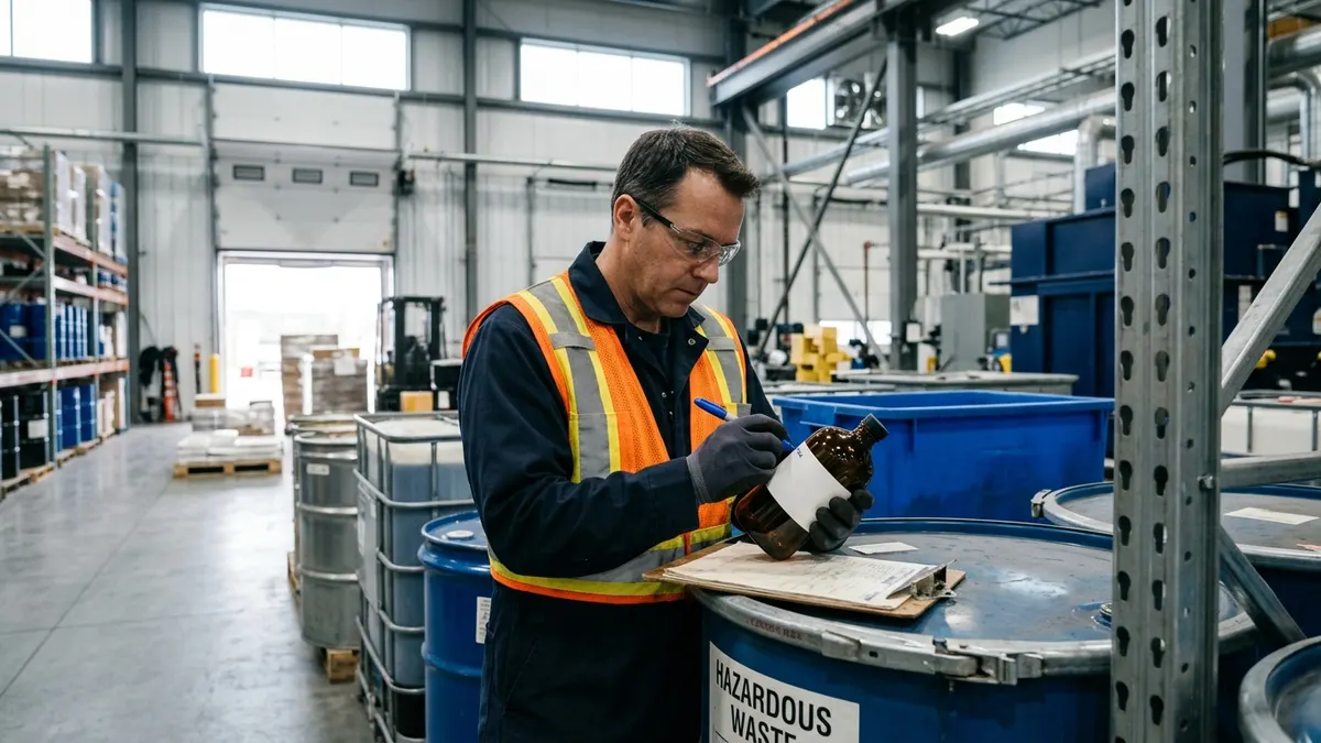an environmental technician logging sample bottle labels at a loading dock beside a waste container storage area
