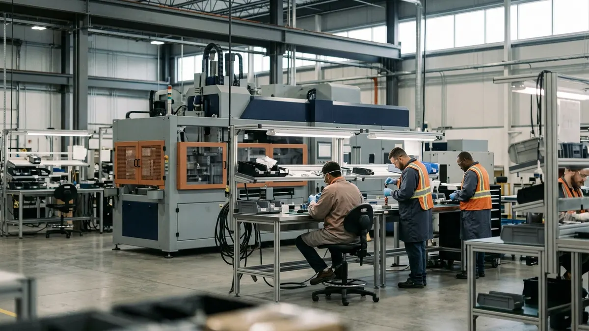 Technicians in cleanroom garments assembling medical devices