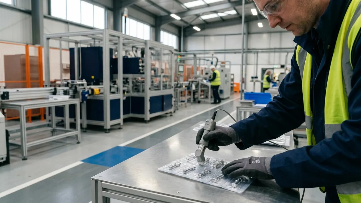 a technician validating an ultrasonic sealing process on a blister-pack line in a clean manufacturing room