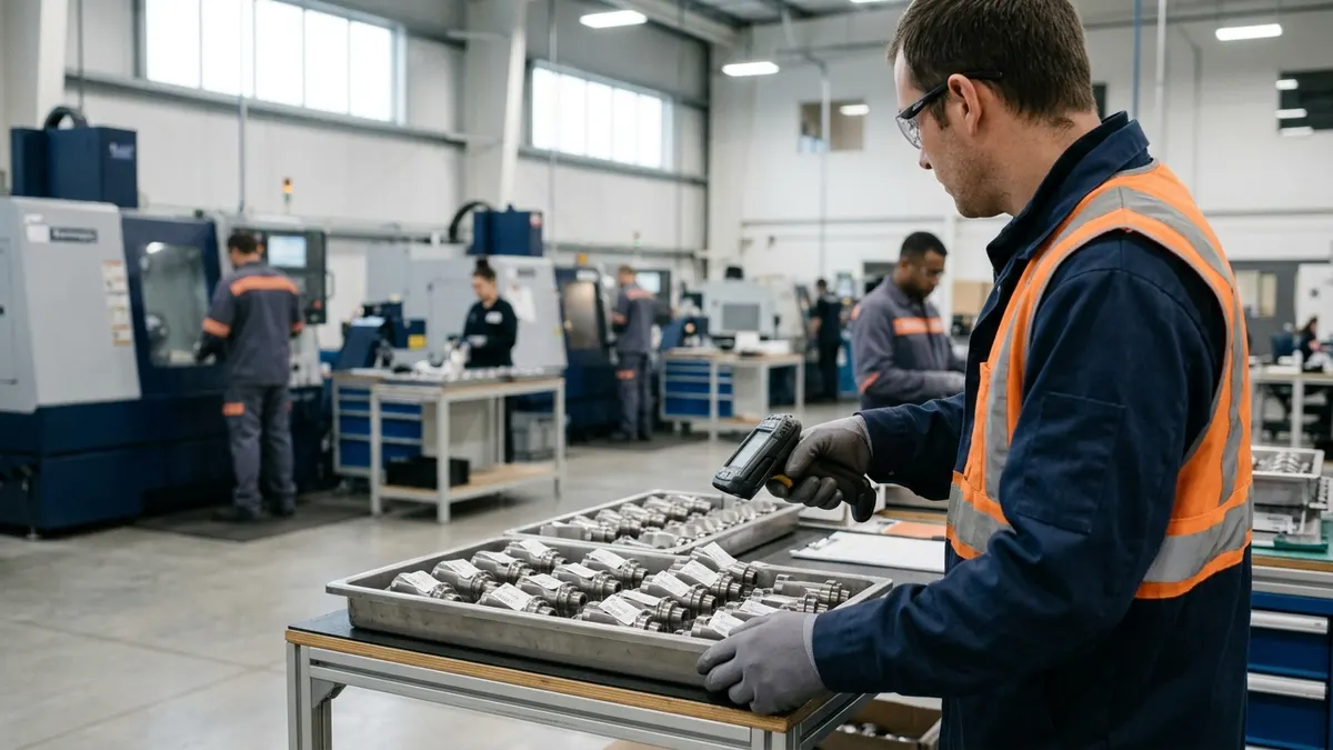 a quality technician scanning lot labels on a tray of machined titanium components in a controlled assembly area